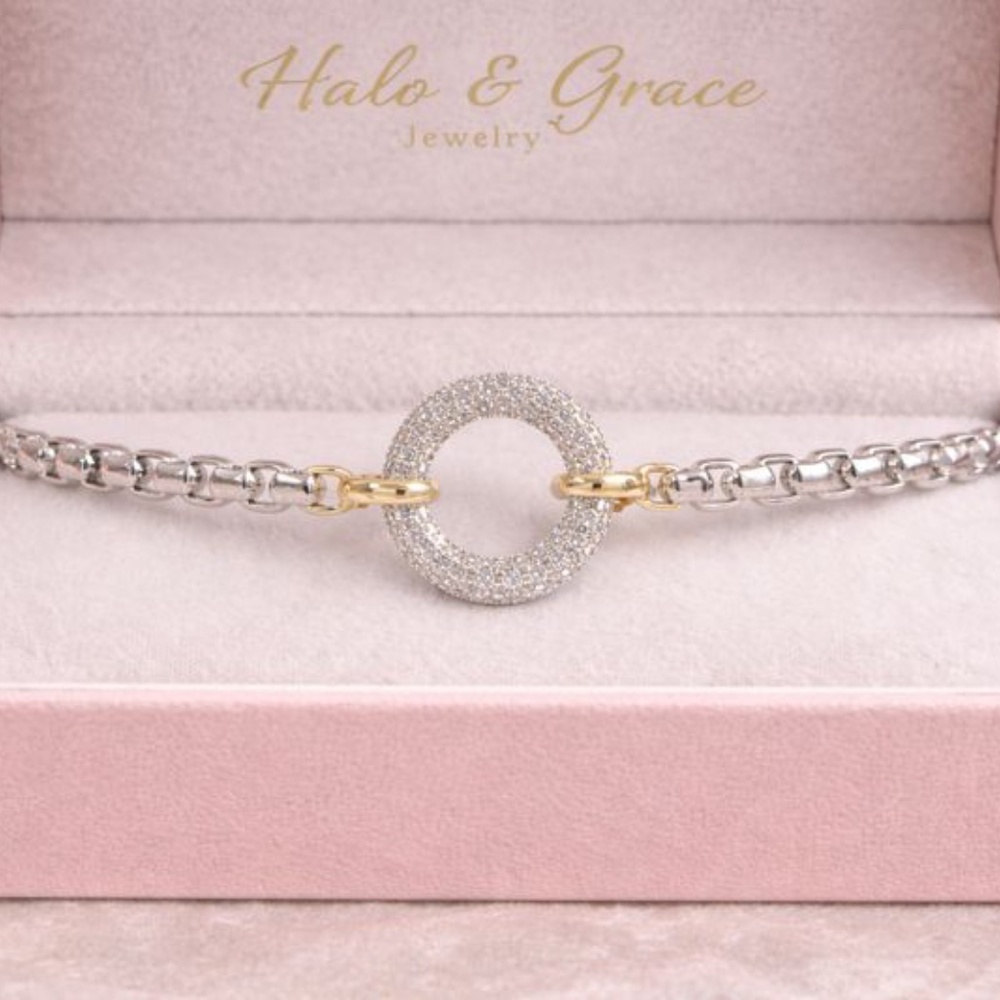 14k gold and silver Pavé Circle Link Bracelet with Hidden Heart Clasp